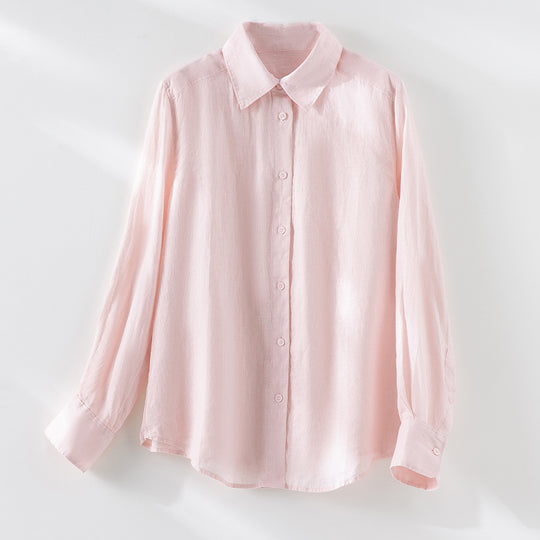 Damen Locker fallende Leinenmix-Bluse mit Hemdkragen und Manschetten Shop Nory