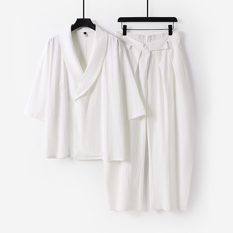 Damen Zweiteiliges Kimono-Loungewear-Set mit Schalkragen Kurzarm-Oberteil und hochtaillierter Plissee-Hose Shop Nory