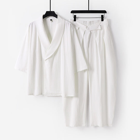 Damen Zweiteiliges Kimono-Loungewear-Set mit Schalkragen Kurzarm-Oberteil und hochtaillierter Plissee-Hose Shop Nory