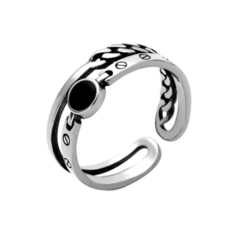 Damen Offener Ring mit verziertem Design und schwarzem Stein Shop Nory