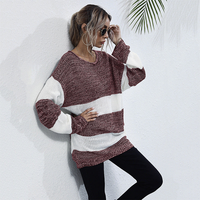 Damen Langer Oversize-Strickpullover mit breiten Blockstreifen und überschnittener Schulter Shop Nory