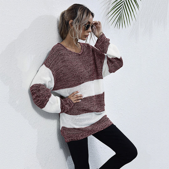 Damen Langer Oversize-Strickpullover mit breiten Blockstreifen und überschnittener Schulter Shop Nory