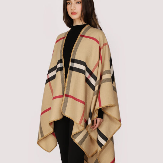 Damen Karierter Wollmix‑Poncho im Oversize‑Cape‑Schnitt mit Zierstichkante Shop Nory