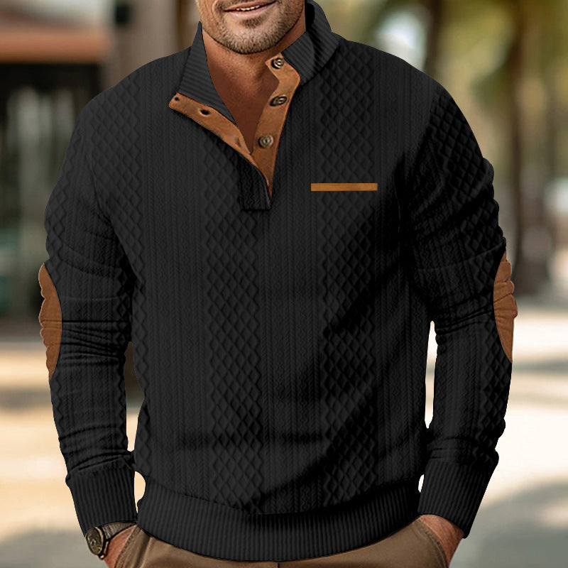 Herren nan strukturierter Stehkragen-Pullover mit halber Knopfleiste und Ellbogen-Patches Shop Nory