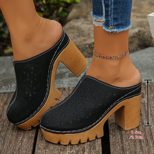 Damen Offene Clogs mit floralem Cut-Out Design und klobigem Absatz