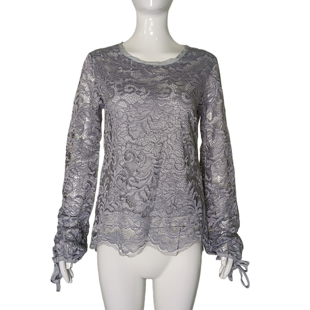Damen Spitzenbluse mit durchgehendem Spitzen-Overlay, Rundhalsausschnitt und Schleifenärmeln Shop Nory