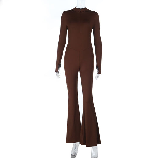 Damen Figurbetonter Langarm-Jumpsuit mit hohem Stehkragen und Schlaghose Shop Nory
