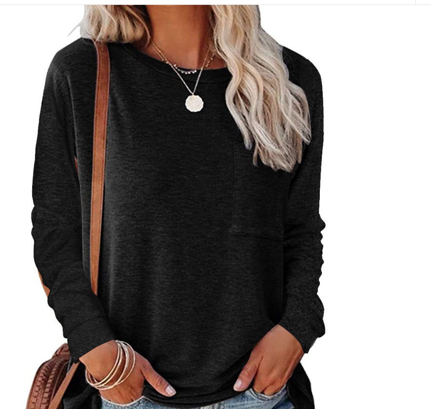 Damen lässiges Langarmshirt mit Taschen und Rundhalsausschnitt