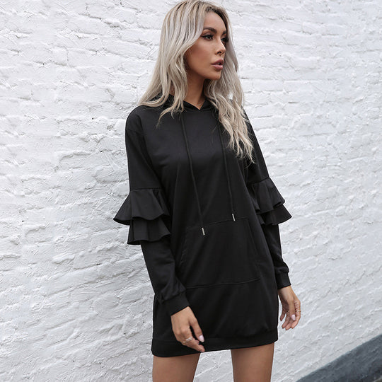 Damen Oversize-Kapuzenkleid mit zweistufigen Volantärmeln und Eingrifftasche Shop Nory