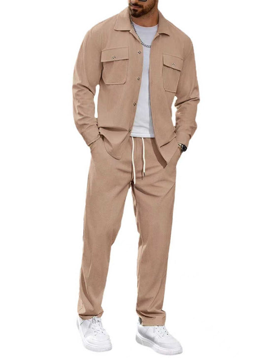 Herren nan lässiger Zweiteiler Hemdjacke mit aufgesetzten Brusttaschen und Kordelzughose