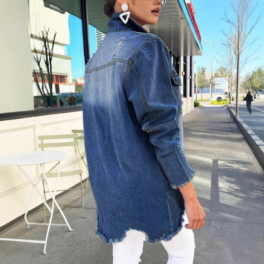 Damen Oversize-Jeansjacke mit Destroyed-Details, Fransensaum und verdeckter Knopfleiste Shop Nory