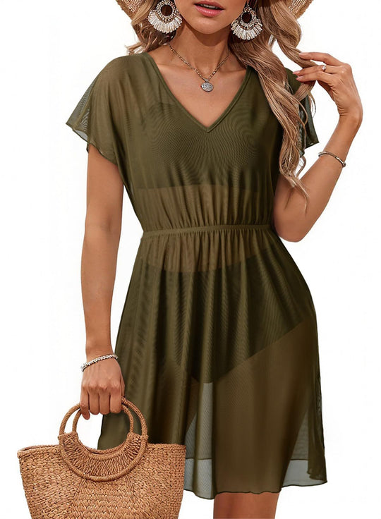 Damen Sommerkleid mit V-Ausschnitt, elastischer Taillenlinie und allover Blätterprint Shop Nory