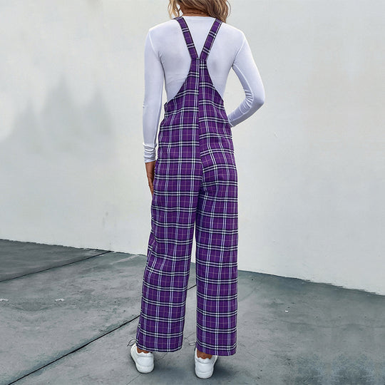 Damen Lässiger Karierter Jumpsuit mit breitem Bein und verstellbaren Trägern Shop Nory