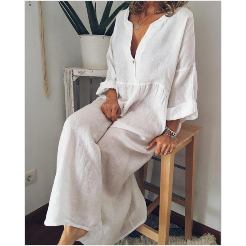 Damen Langes Leinen-Maxikleid mit V-Ausschnitt, geraffter Taille und 3/4-Ärmeln Shop Nory