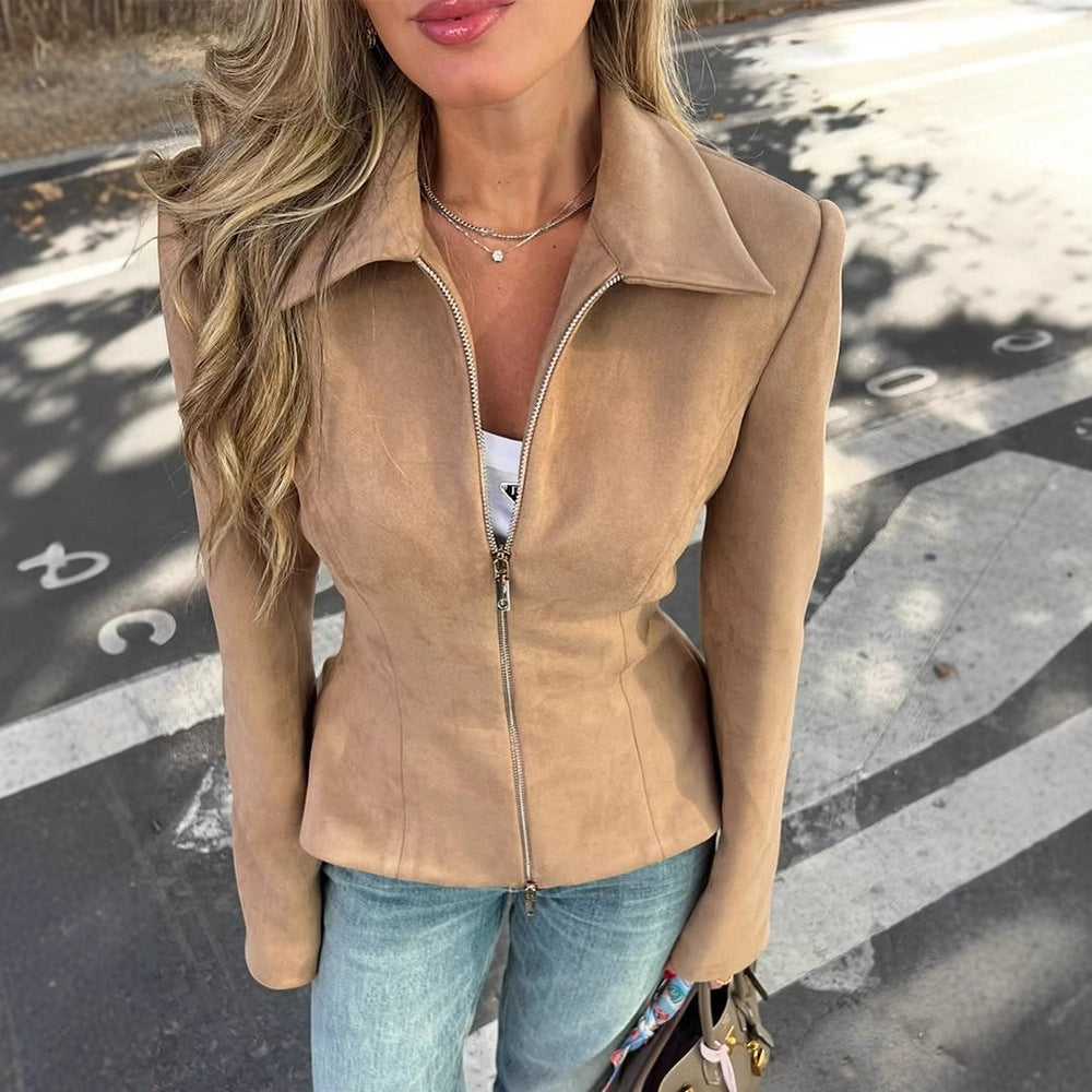 Damen Taillierte Velourslederoptik-Jacke mit Zweiwege-Reißverschluss Shop Nory