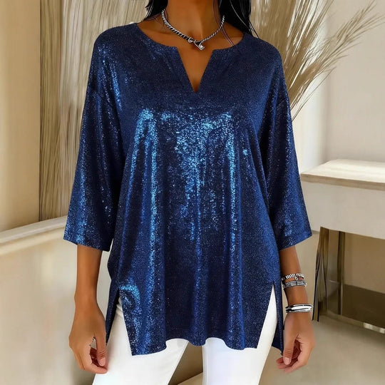 Damen Glitzerndes Oversize-Longshirt mit V-Ausschnitt und seitlichen Schlitzen Shop Nory