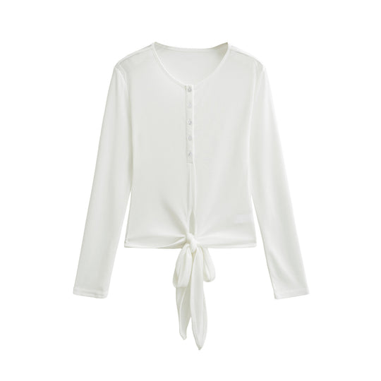 Damen Langarm-Henley-Top mit Knotenfront und Knopfleiste Shop Nory