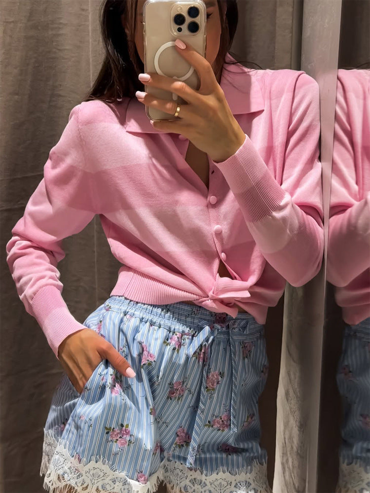 Damen Leichter Kurzcardigan mit Hemdkragen, bezogenen Knöpfen & Knotenbund Shop Nory