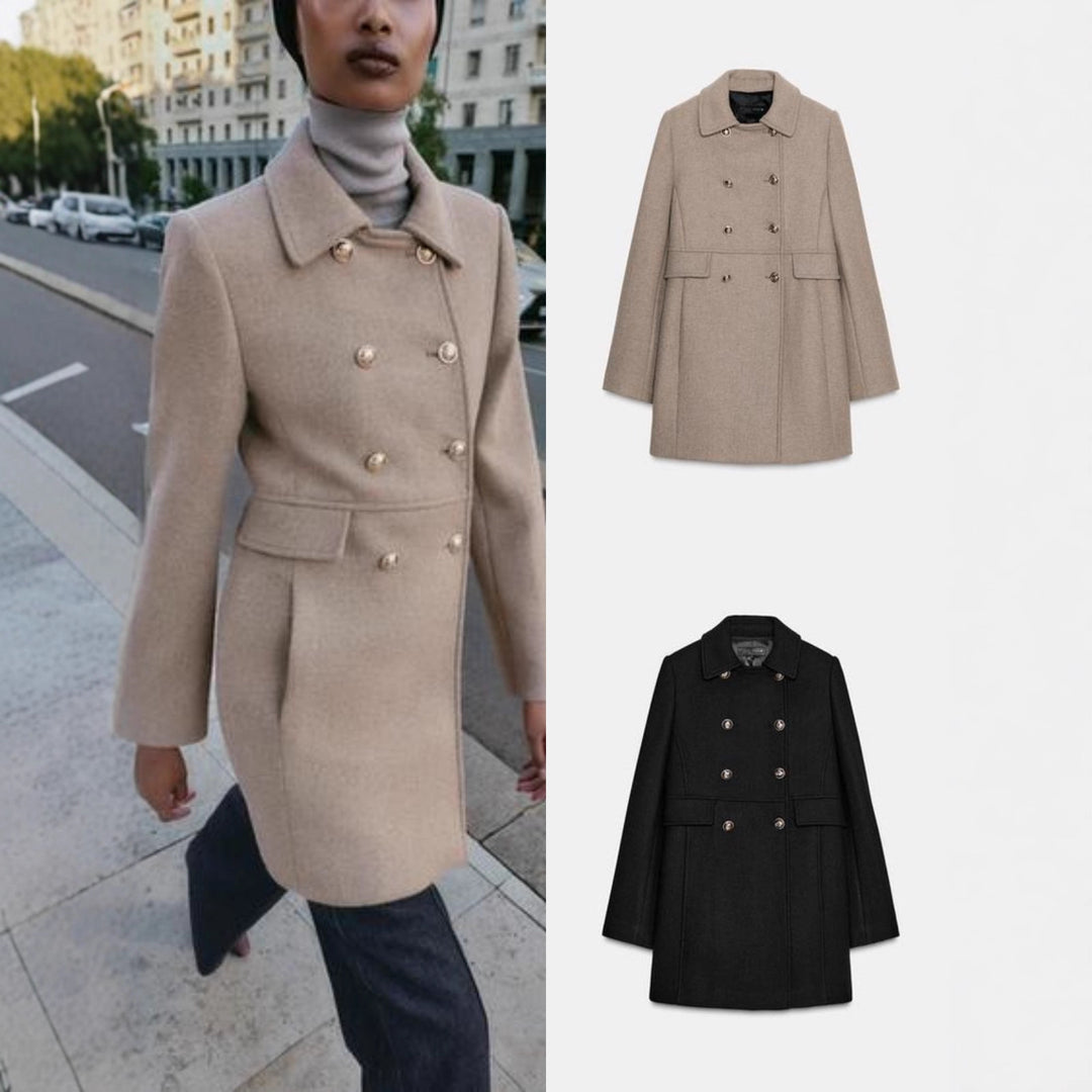 Damen Zweireihiger Wollmantel mit ausgestelltem Faltenrock und goldenen Zierknöpfen Shop Nory