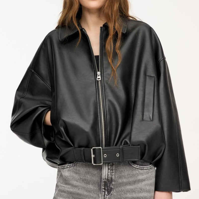 Damen Oversized Lederimitat-Blouson mit Taillengürtel Shop Nory