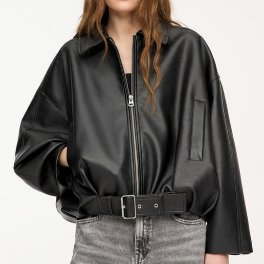 Damen Oversized Lederimitat-Blouson mit Taillengürtel Shop Nory