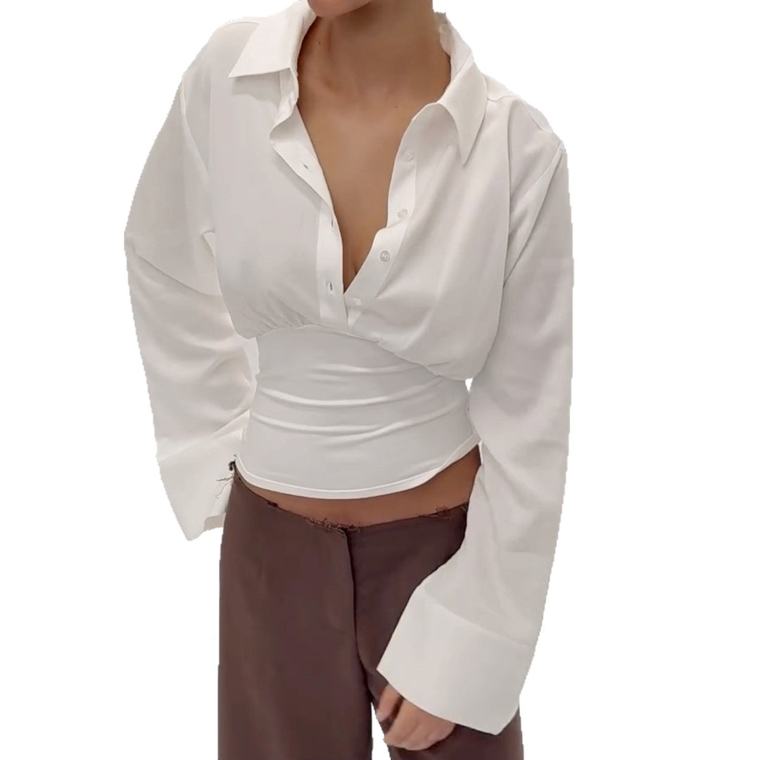 Damen nan taillierte Cropped-Bluse mit Hemdkragen und breitem Stretchbund Shop Nory