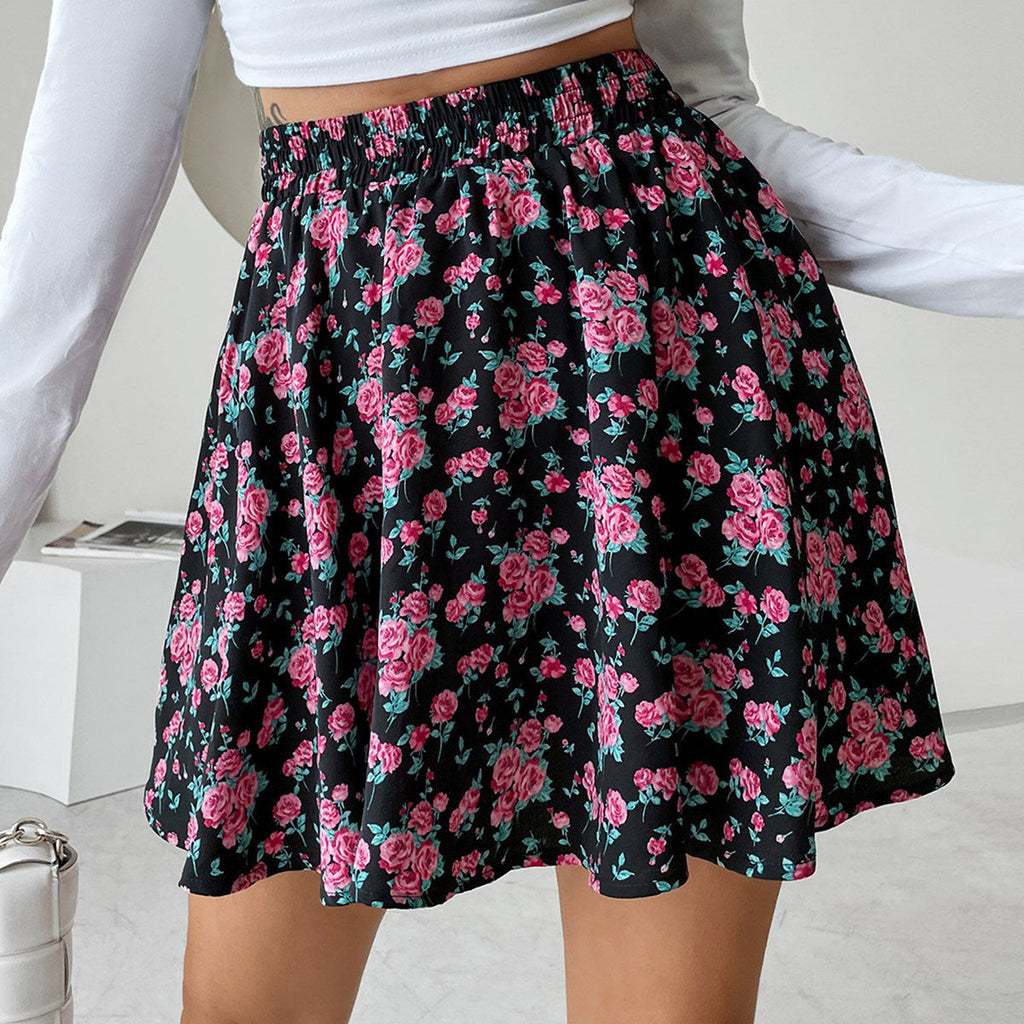 Damen kurzer Rock mit floralen Akzenten und elastischem Bund