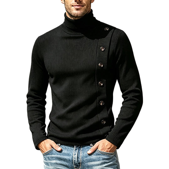 Herren Slim-Fit Rollkragenpullover mit asymmetrischer Zierknopfleiste aus Rippstrick Shop Nory