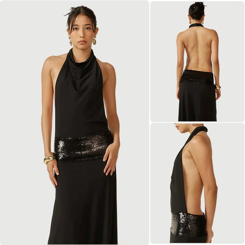 Damen Abendkleid mit schickem Wasserfallausschnitt und glitzerndem Taillenelement