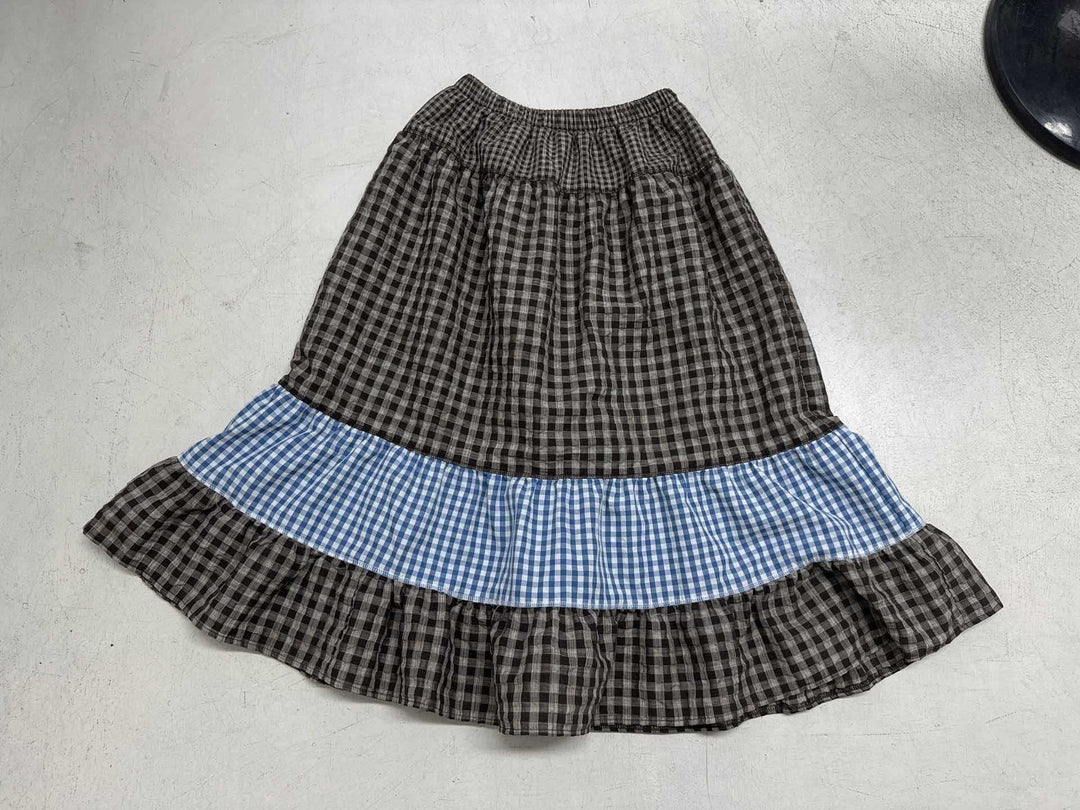 Damen nan mehrlagiger Baumwoll-Stufenrock mit elastischem Taillenbund, kontrastierendem Gingham-Band und Volant Shop Nory