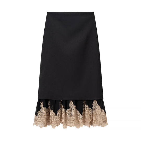 Damen Zweilagiger Midirock mit Spitzenbesatz und geradem Überrock Shop Nory