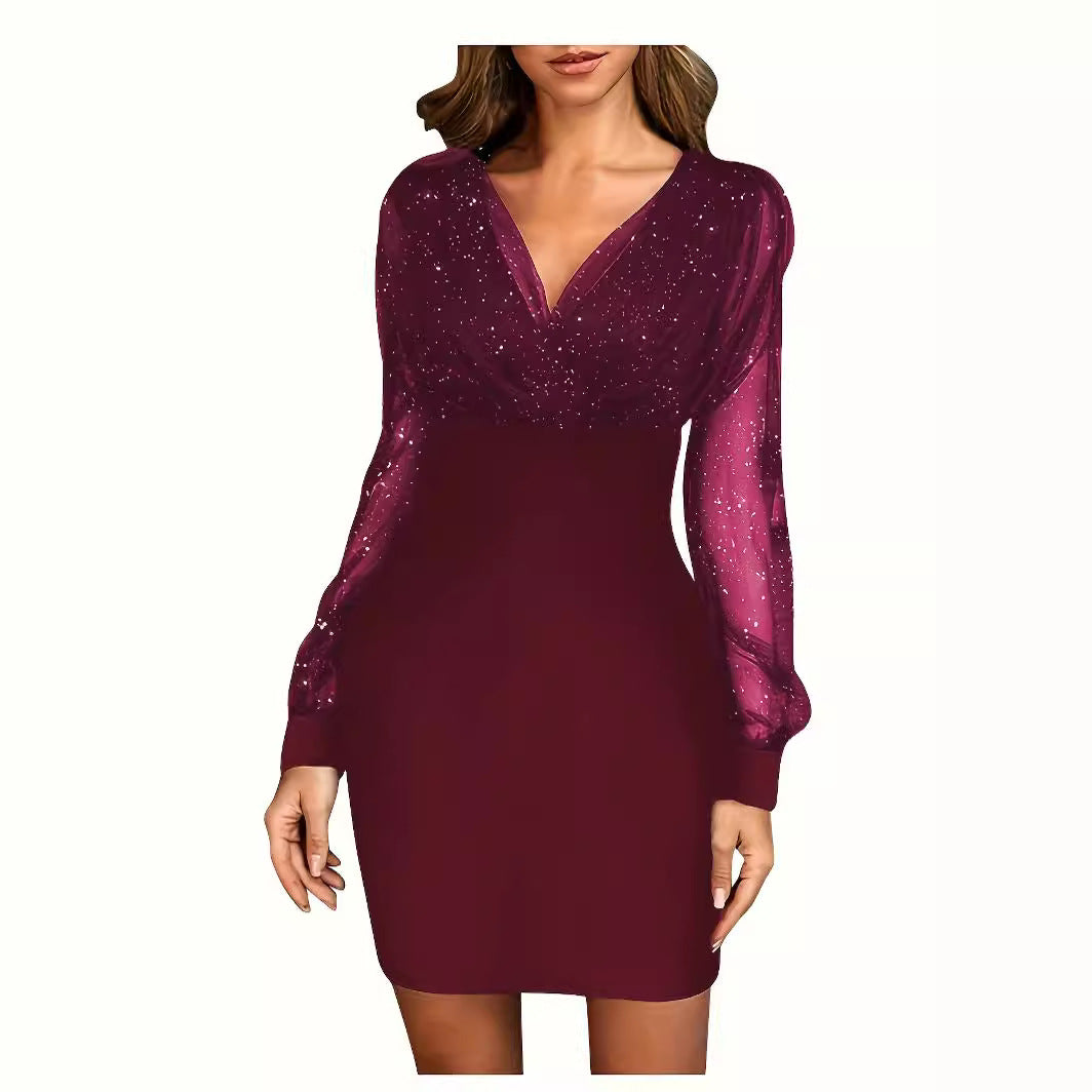 Damen Glitzerndes Cocktailkleid mit transparenten Ärmeln