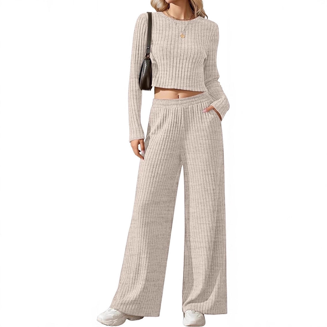 Damen Geripptes Feinstrick-Lounge-Set mit Cropped Langarmtop und High-Waist Palazzohose Shop Nory