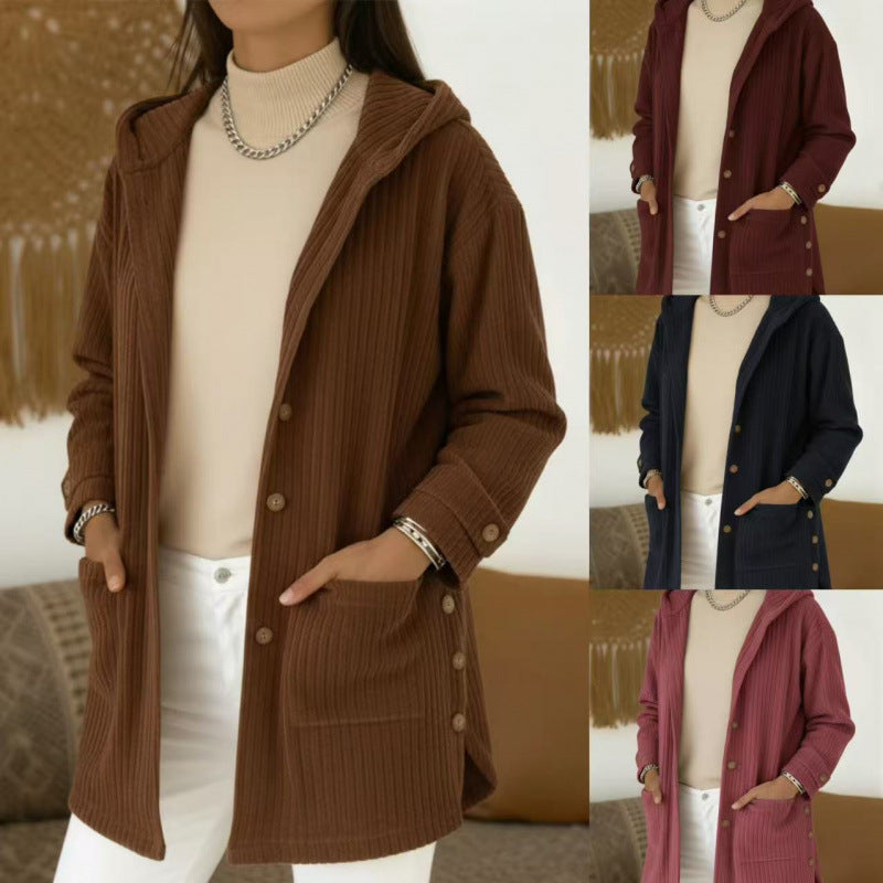 Damen Langer Kapuzen-Strickcardigan mit Rippenstruktur, Knopfleiste und Seitentaschen Shop Nory