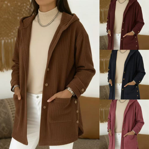 Damen Langer Kapuzen-Strickcardigan mit Rippenstruktur, Knopfleiste und Seitentaschen Shop Nory