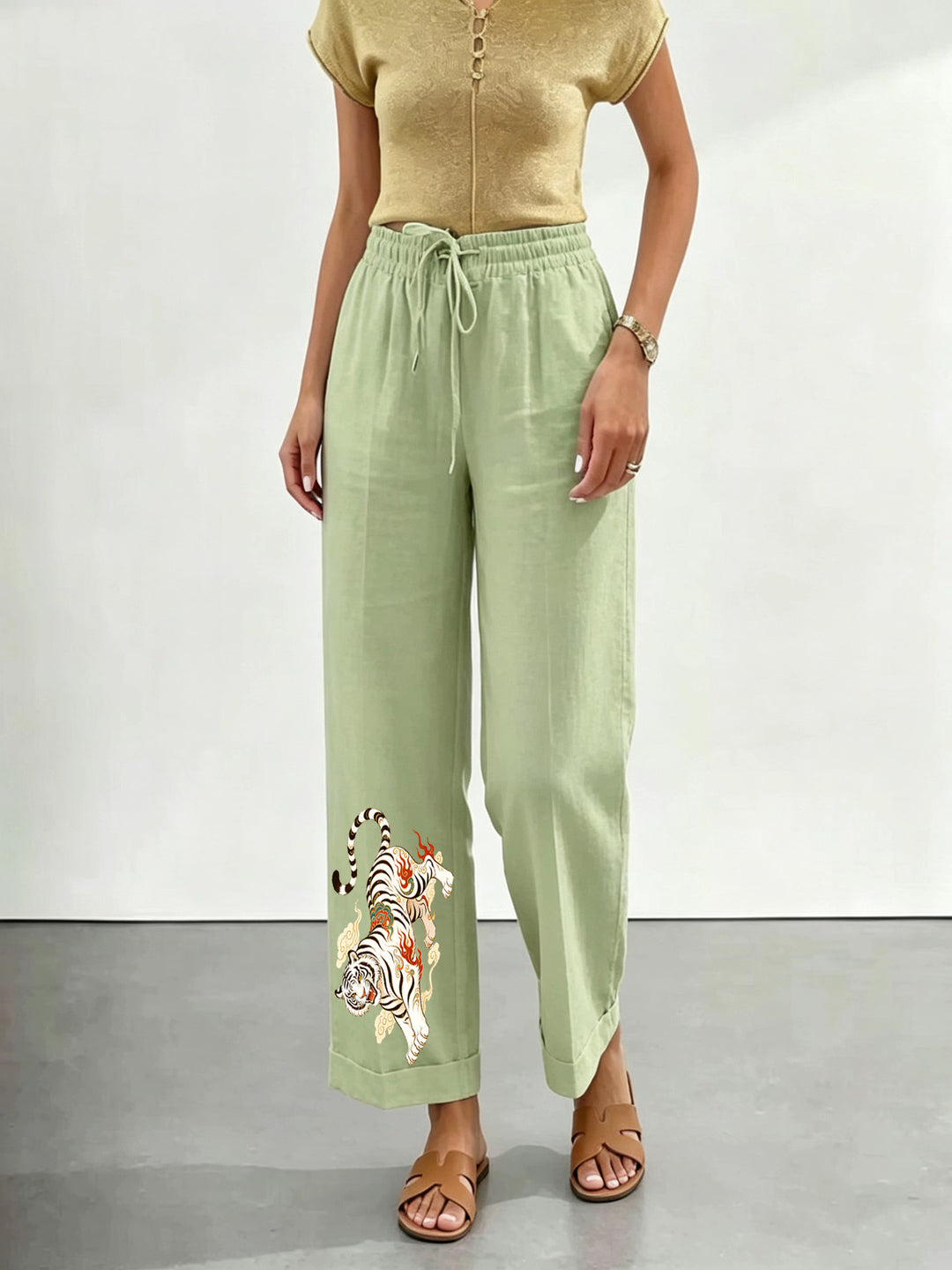 Damen nan lässige Leinen-Baumwoll Culotte mit elastischem Bund und Tigerstickerei Shop Nory