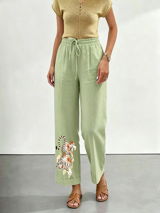 Damen nan lässige Leinen-Baumwoll Culotte mit elastischem Bund und Tigerstickerei Shop Nory