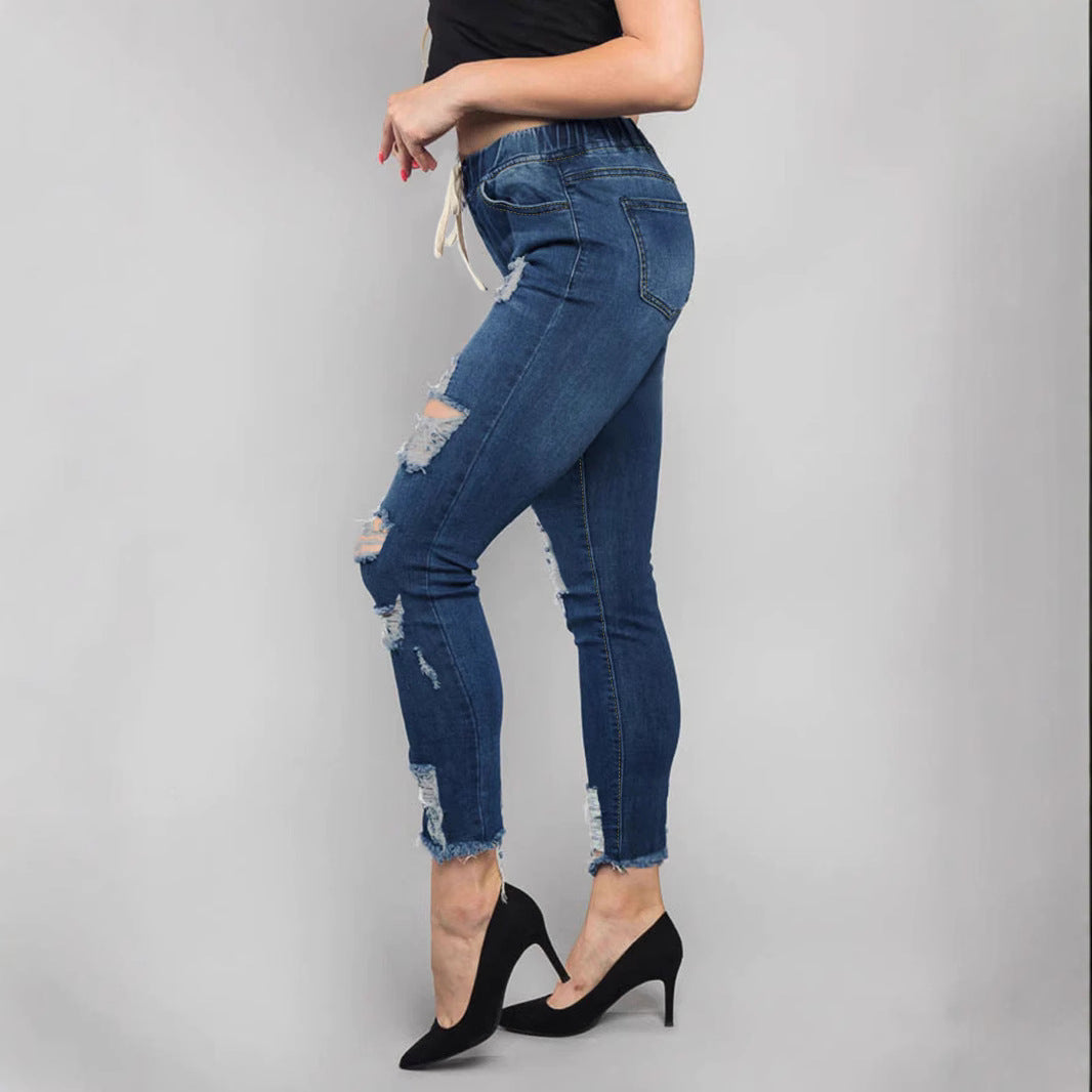Damen Hochtaillierte Destroyed-Jogger-Jeans mit elastischem Tunnelzugbund und gekürztem Fransen-Saum Shop Nory