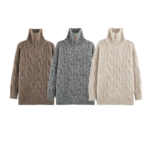 Damen Grobgestrickter Longpullover mit Zopfmuster und halbhohem Reißverschlusskragen Shop Nory