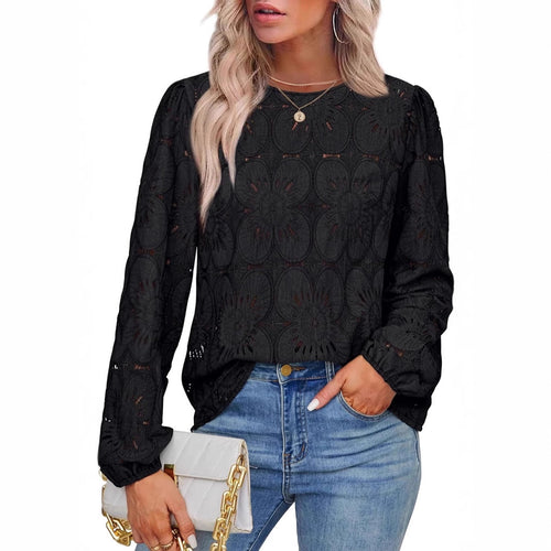 Damen Spitzenbluse mit floraler Häkelstickerei, Rundhals und langen Ballonärmeln Shop Nory