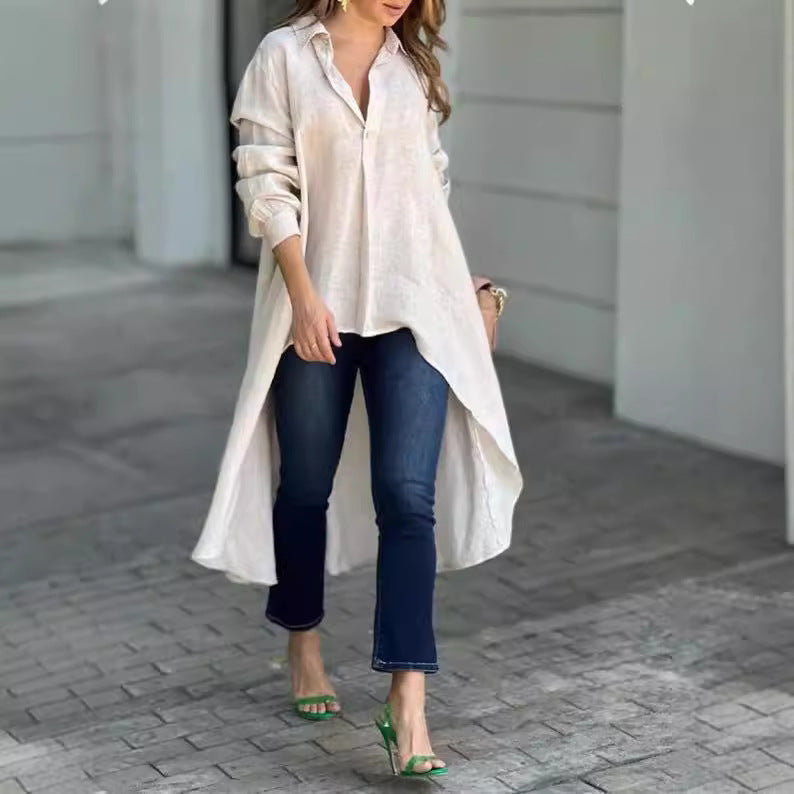 Damen Leichte Leinen‑Tunika‑Bluse mit asymmetrischem High‑Low‑Schwanz und Hemdkragen Shop Nory