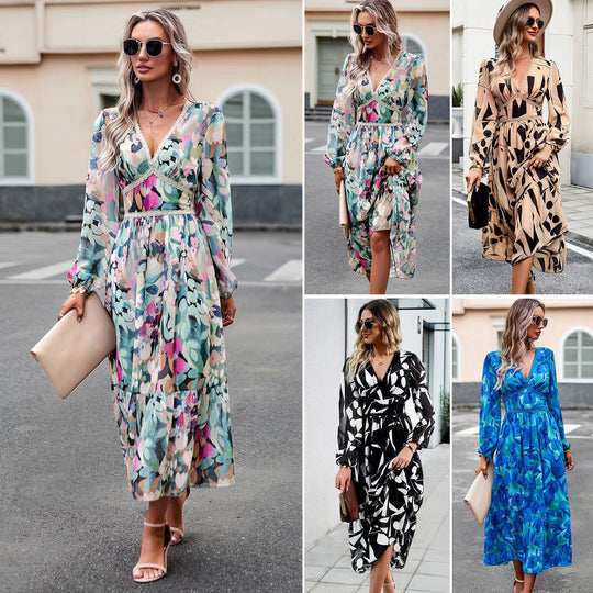 Damen nan fließendes Maxikleid mit V-Ausschnitt, geraffter Empire‑Taille und Stufenrock Shop Nory