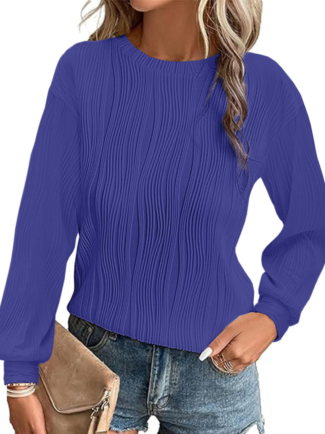 Damen Fein plissiertes Langarmshirt mit Rundhalsausschnitt und strukturierter Wellenoptik Shop Nory