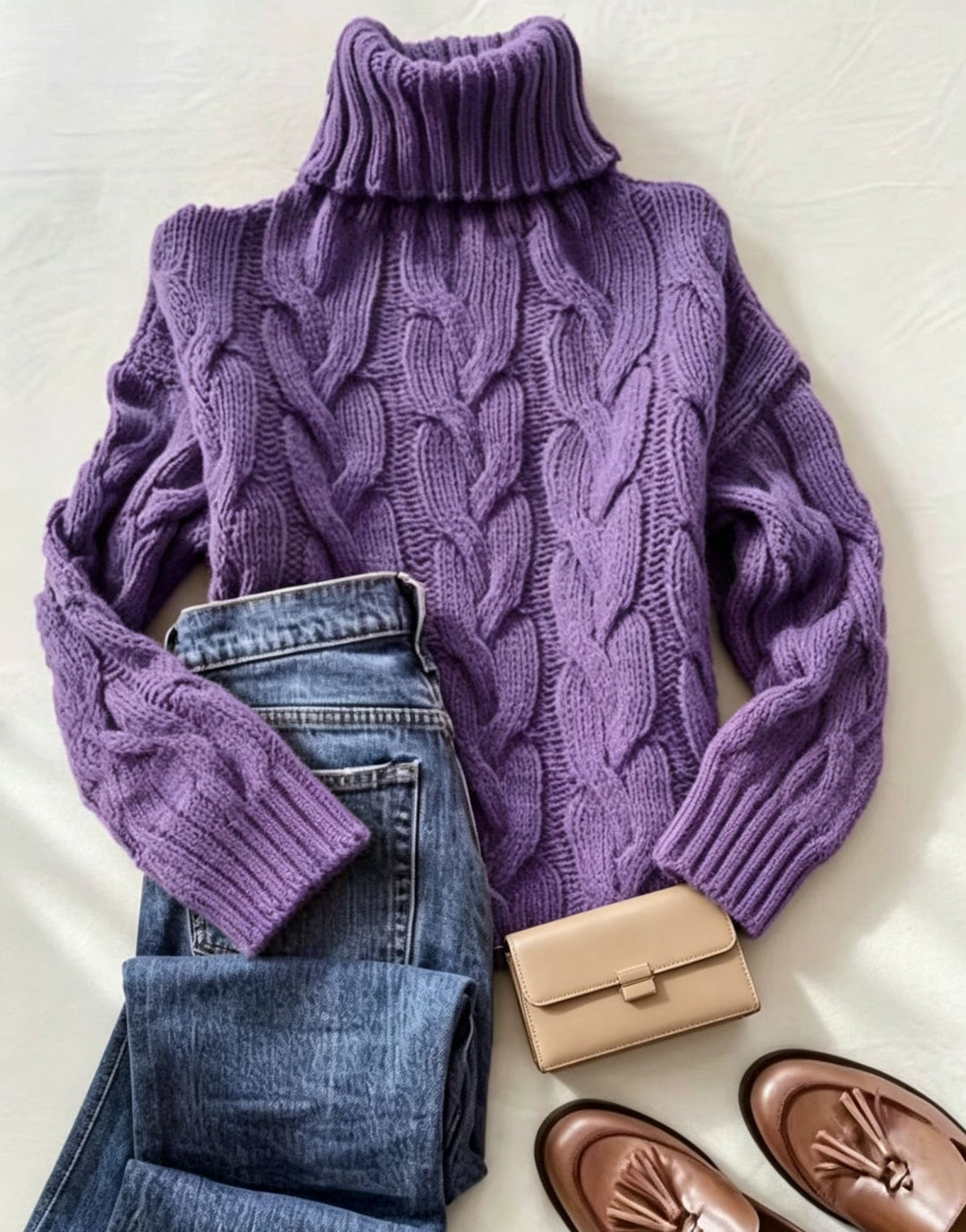 Damen Grobstrick-Rollkragenpullover mit markanten Zopfmustern und gerippten Bündchen Shop Nory