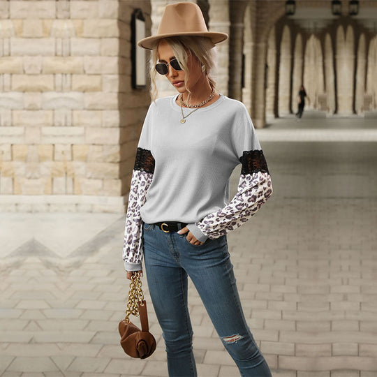 Damen Langarmshirt mit Leopardenärmeln und Spitzenbesatz Shop Nory