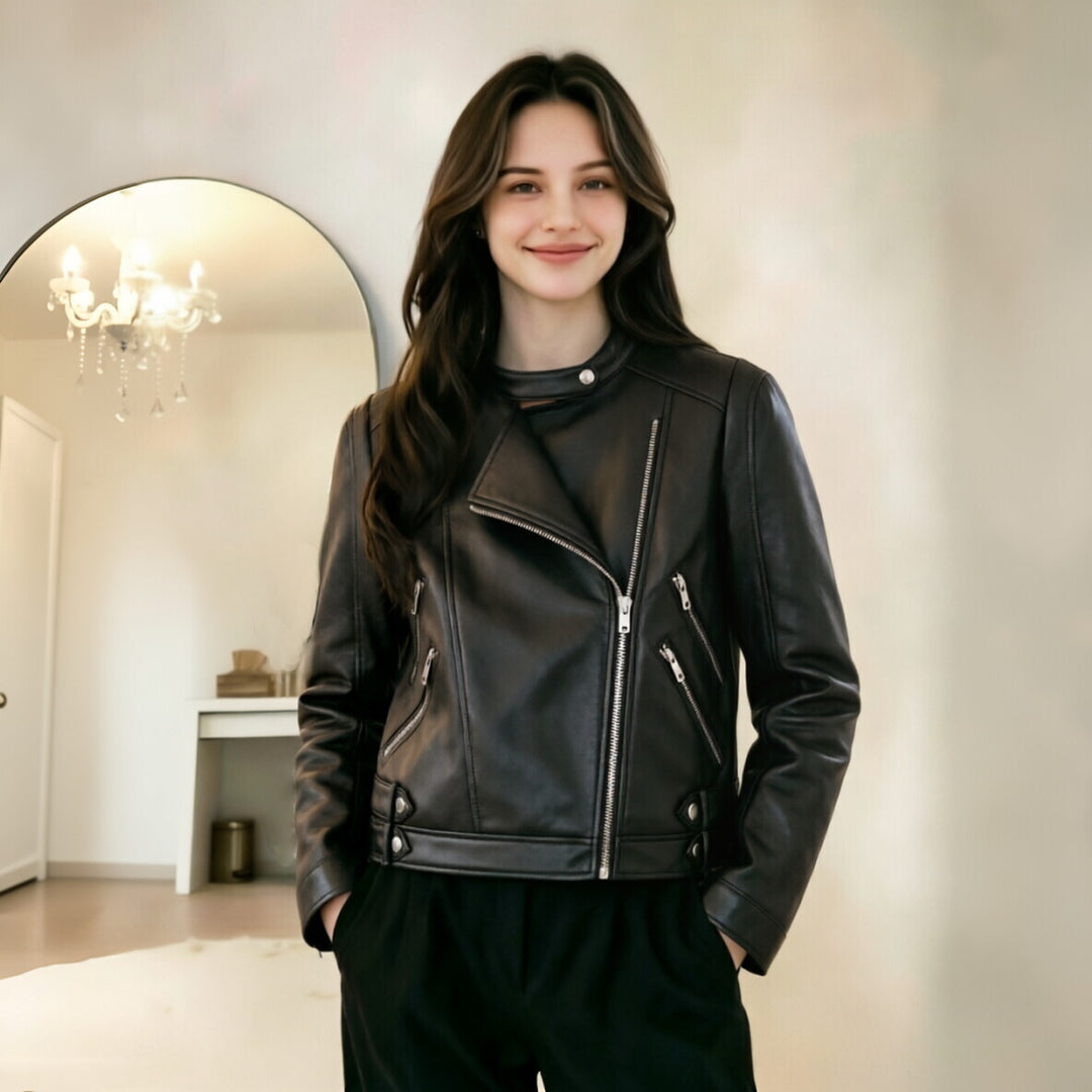 Damen Motorrad-Bikerjacke aus Kunstleder mit Stehkragen, asymmetrischem Reißverschluss und Zierfalten Shop Nory