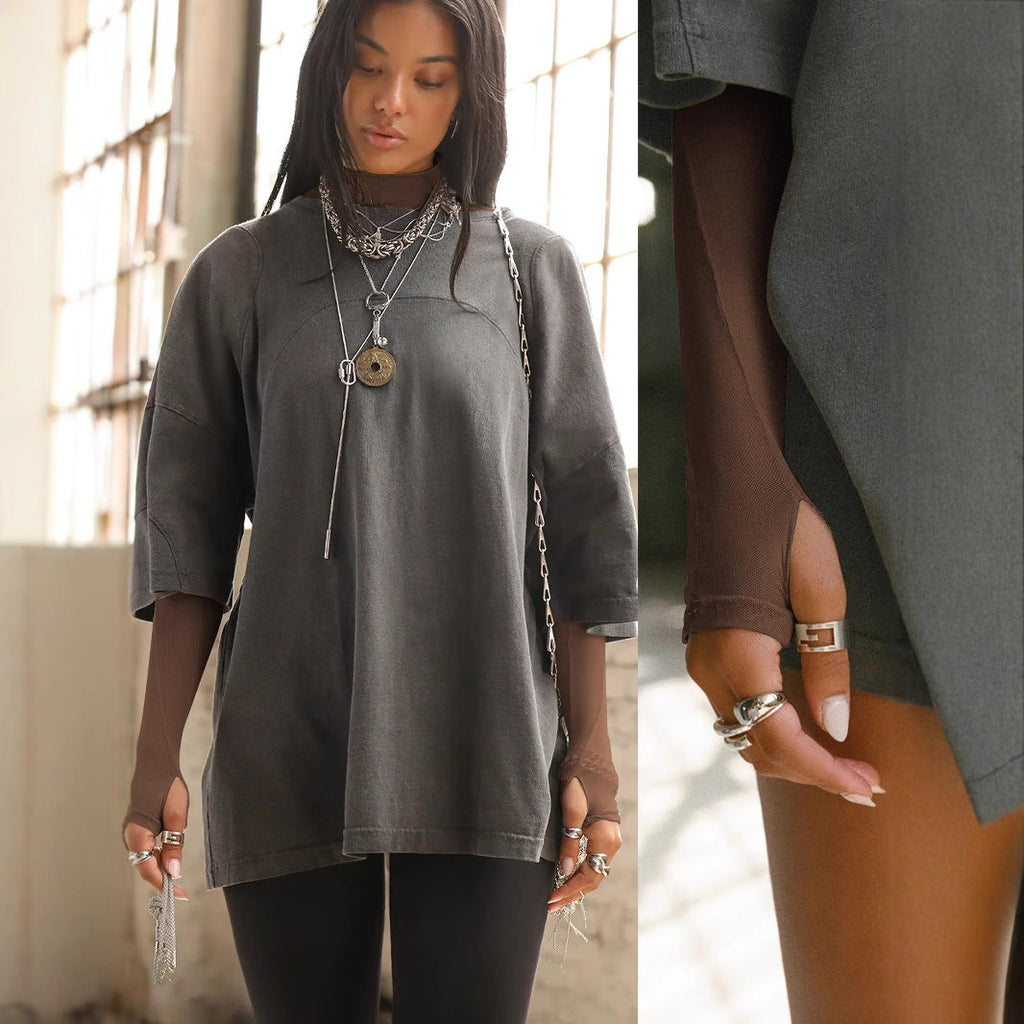Damen Langarmshirt aus leichtem Mesh mit hohem Kragen und figurformendem Schnitt