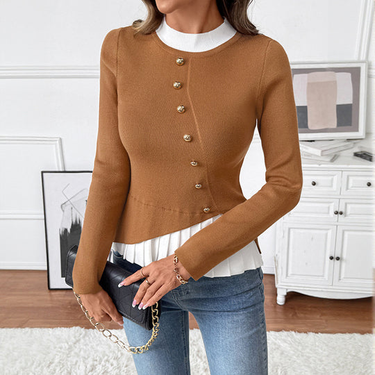 Damen Figurbetonter Strickpullover mit asymmetrischer Knopfleiste und Plissee-Layer Shop Nory