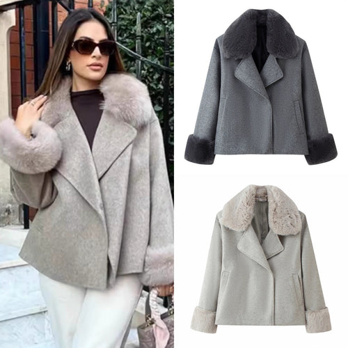 Damen Kurzer Wollmix-Mantel mit abnehmbarem Kunstfellkragen und Manschetten Shop Nory