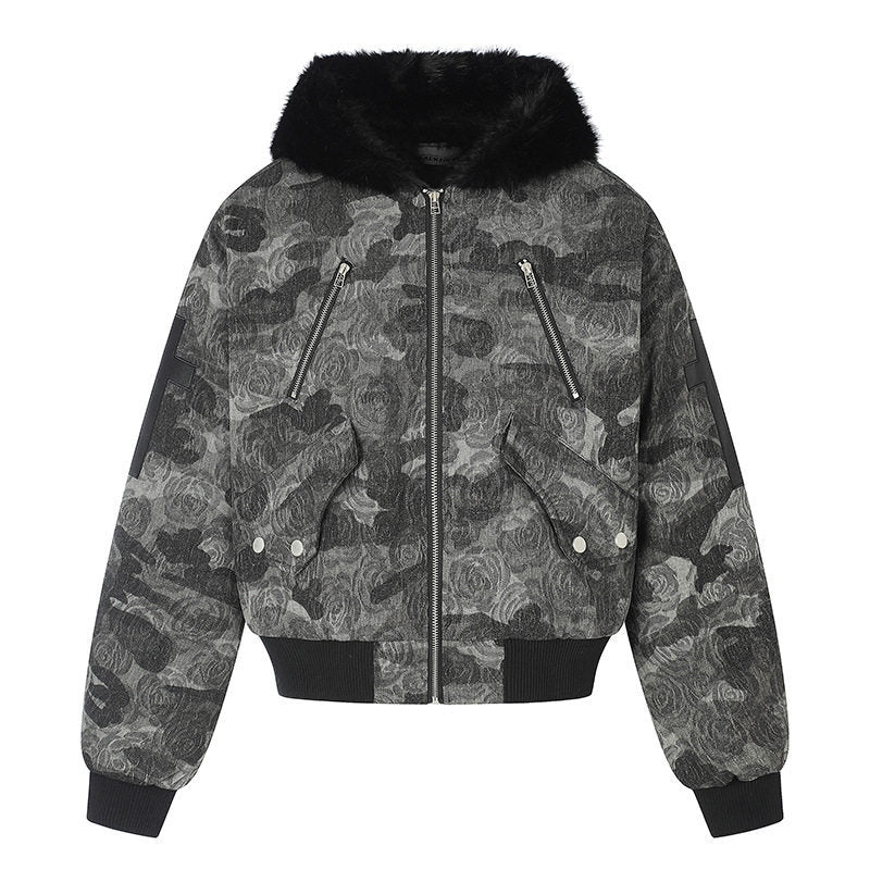 Damen wattierte Bomberjacke mit Kunstfellkapuze, Rosen‑Jacquard und Zipper‑Details Shop Nory